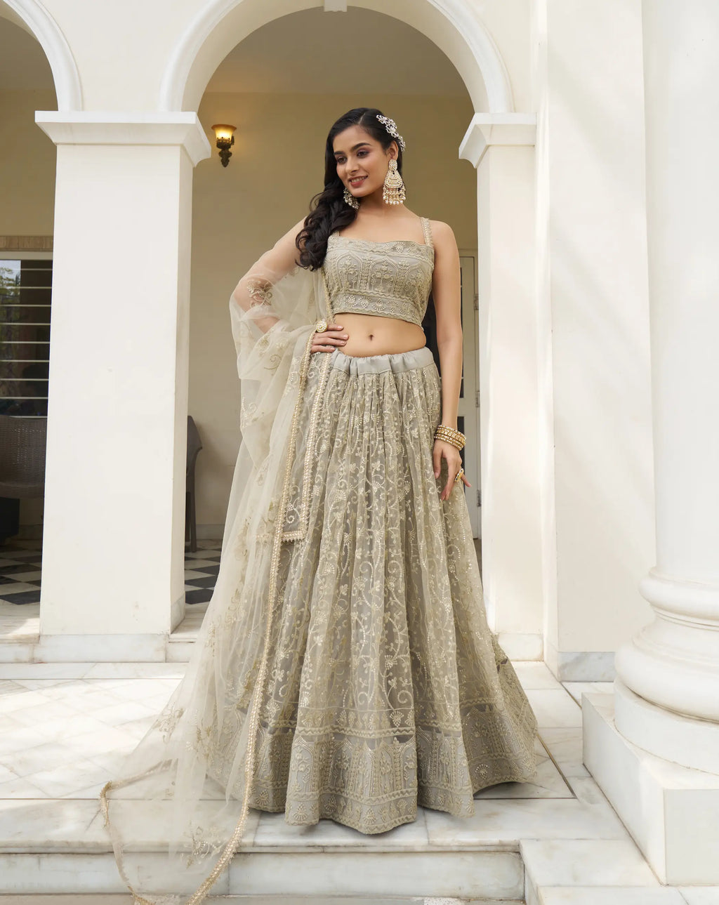 Gray Olive Thread Sequins Embroidery Net Lehenga Choli