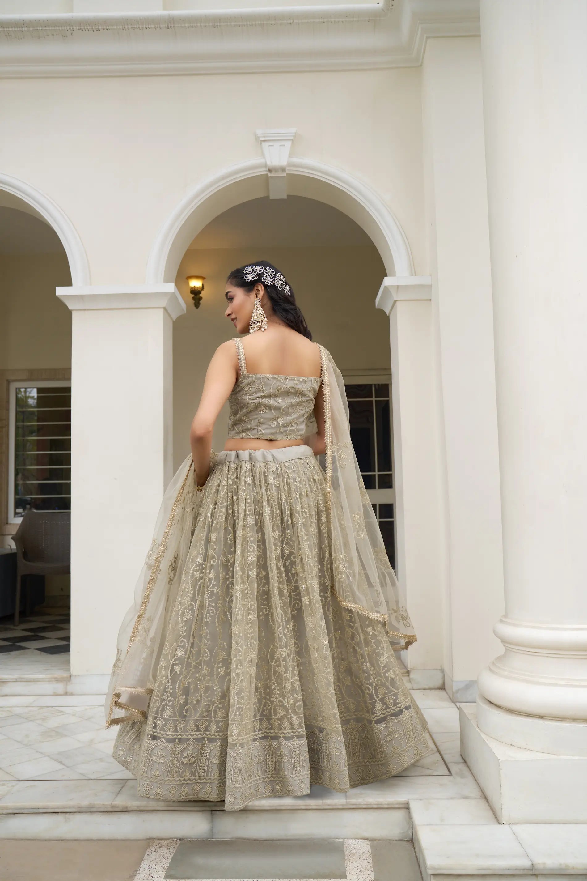 Gray Olive Thread Sequins Embroidery Net Lehenga Choli