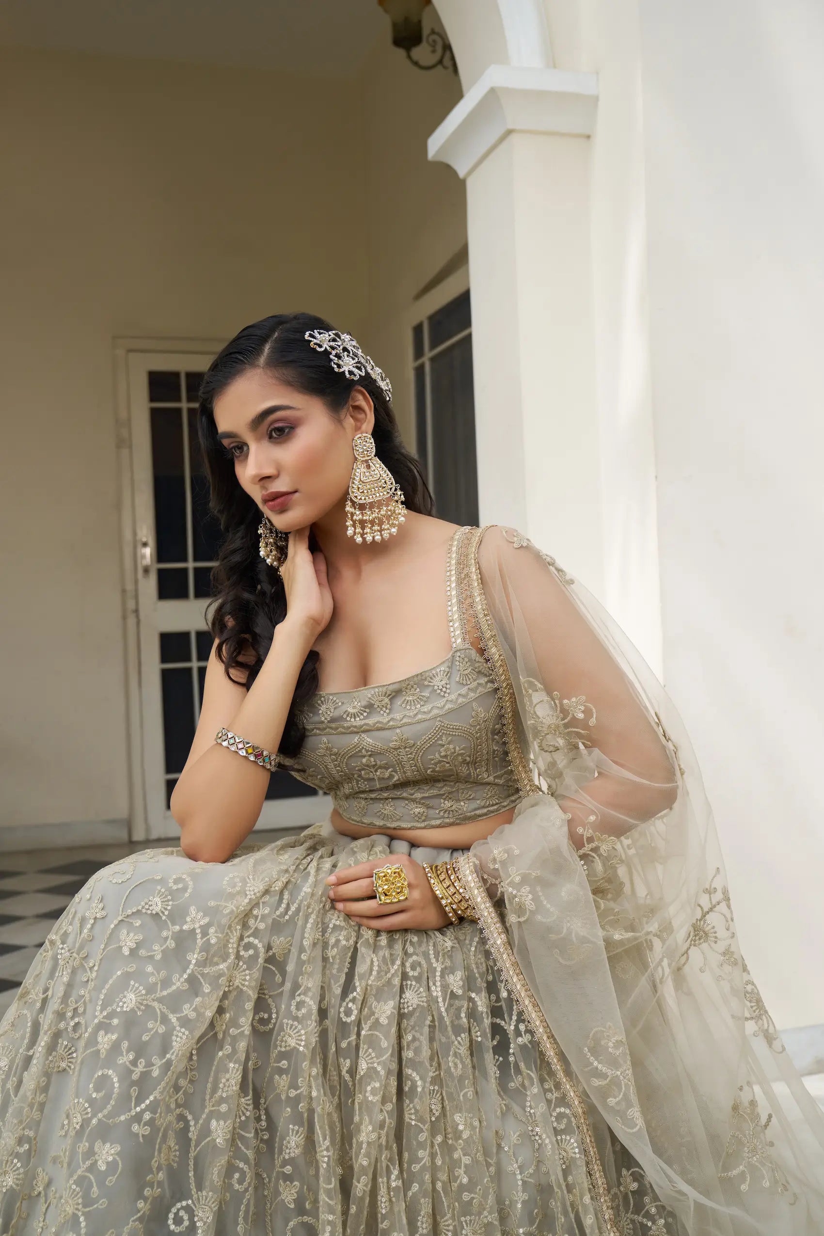Gray Olive Thread Sequins Embroidery Net Lehenga Choli
