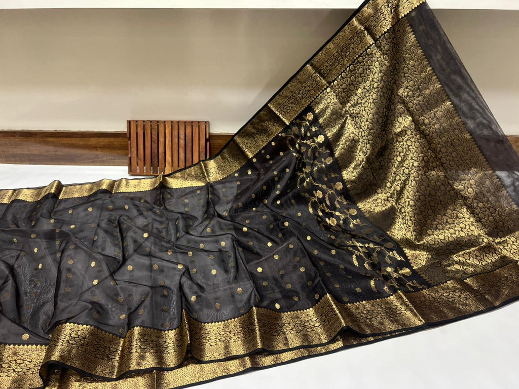 Black Chanderi Handloom Katan Silk Saree