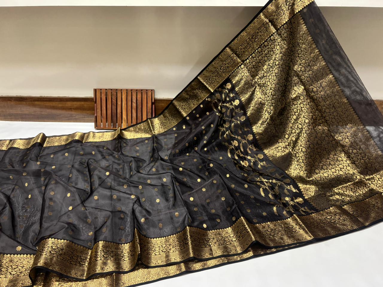 Black Chanderi Handloom Katan Silk Saree