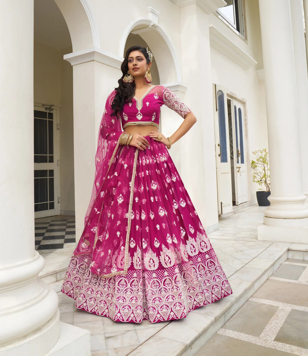 Pink Sequins Thread Embroidery Net Lehenga Choli