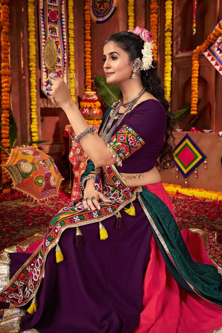 Multi Color Thread & Mirror Work Cotton Navratri Lehenga