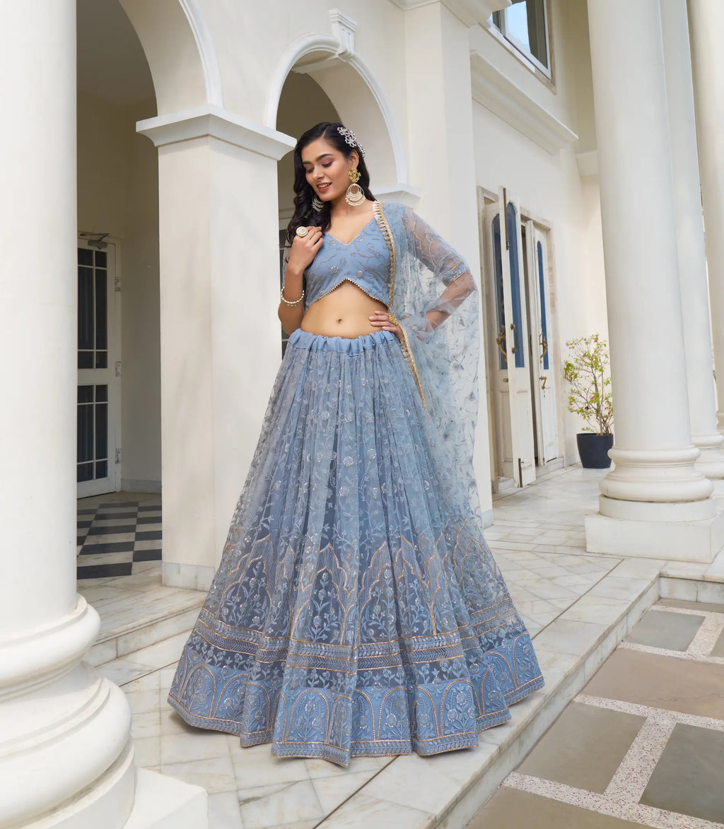 Gray Blue Sequins Embroidery Work Net Lehenga Choli
