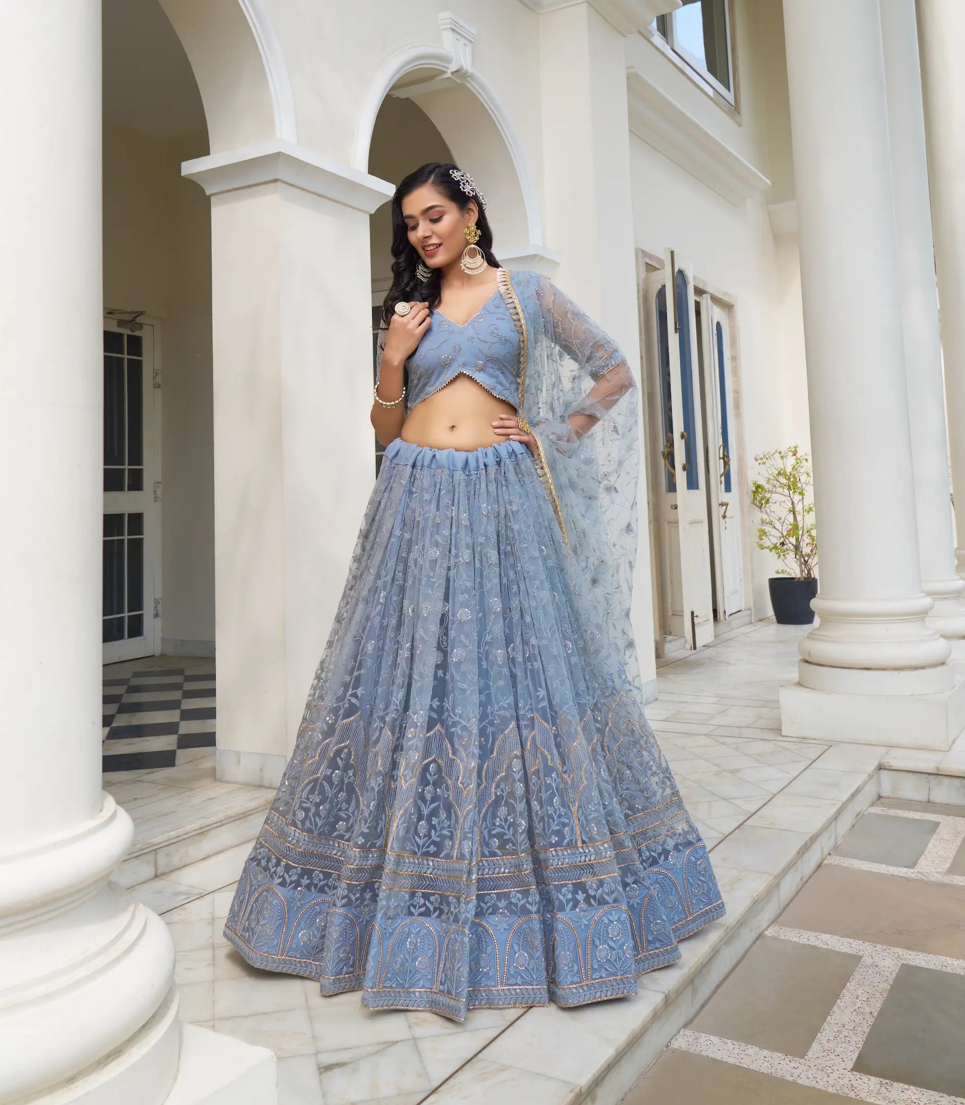 Gray Blue Sequins Embroidery Work Net Lehenga Choli