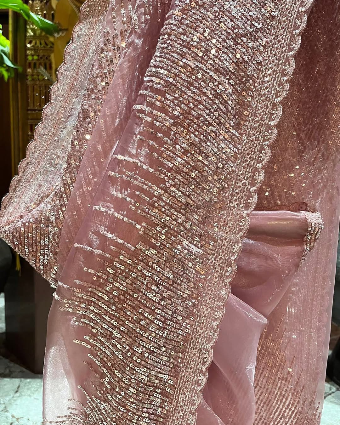 Rose Pink Hand Embroidered Tissue Organza Silk Saree