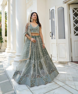 Dull Green Thread Sequins Embroidery Net Lehenga Choli