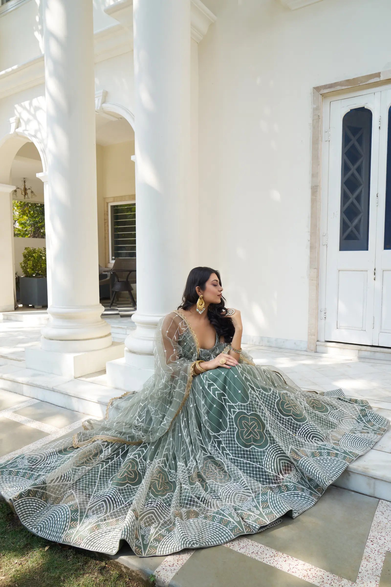 Dull Green Thread Sequins Embroidery Net Lehenga Choli