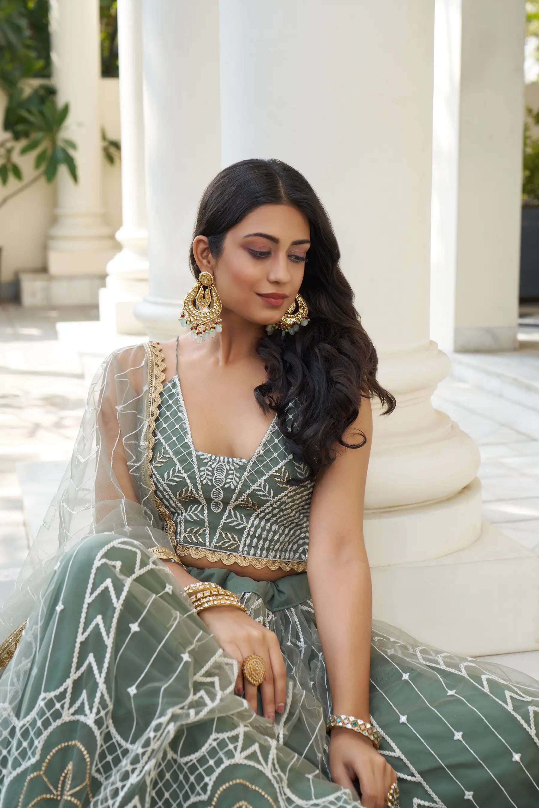 Dull Green Thread Sequins Embroidery Net Lehenga Choli