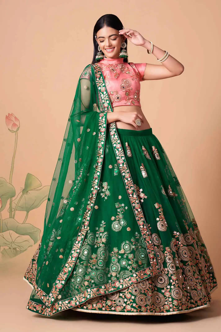Green Net Lehenga with Zari, Sequins & Mirror Work