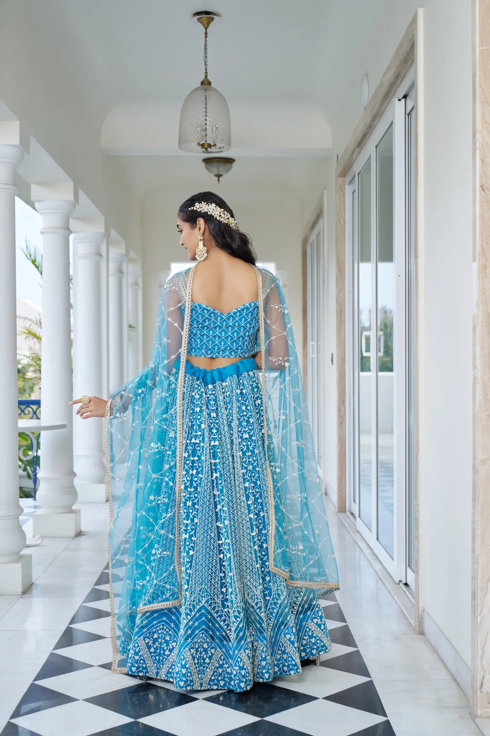 Pacific Blue Thread Sequins Embroidery Net Lehenga Choli