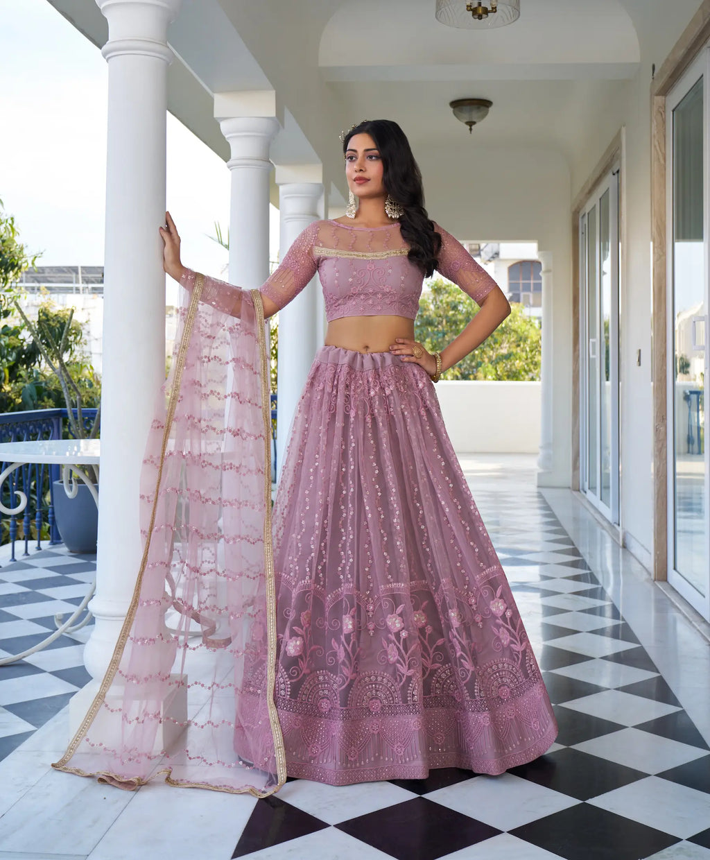 Dusty Pink Thread Sequins Embroidery Net Lehenga Choli