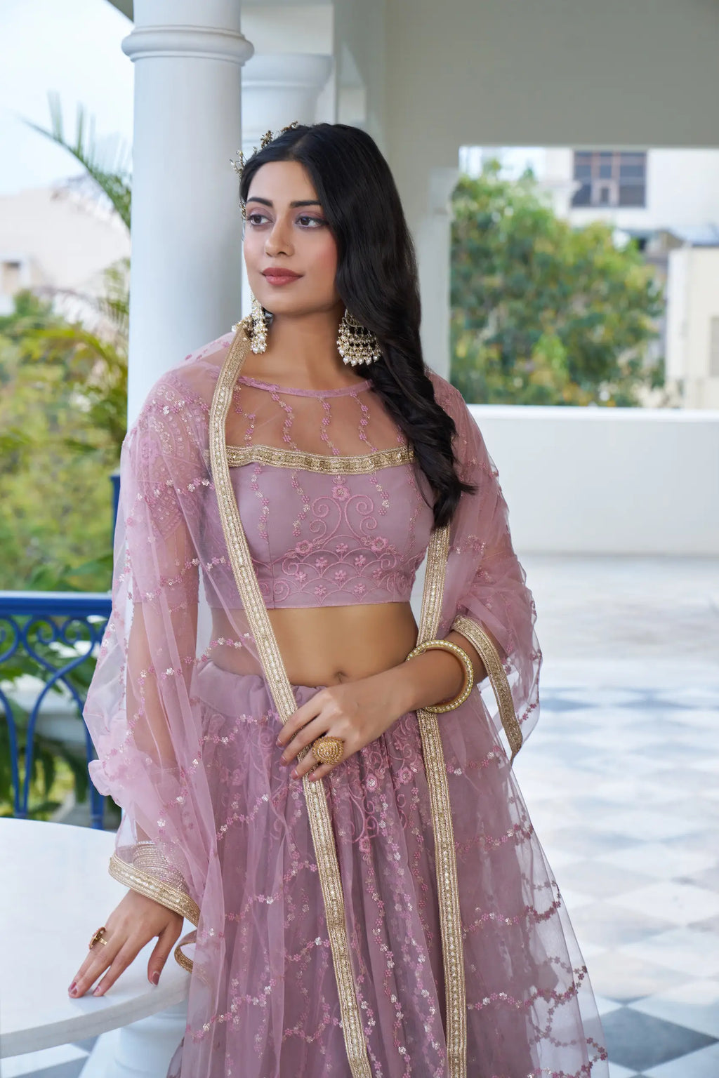 Dusty Pink Thread Sequins Embroidery Net Lehenga Choli