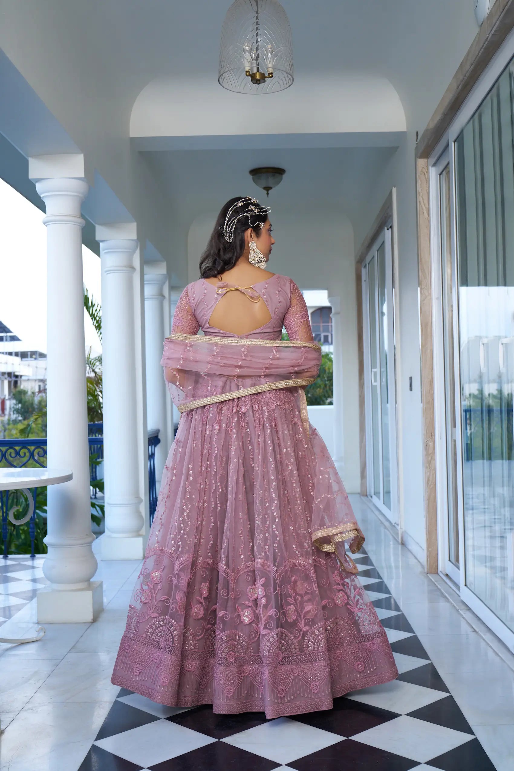 Dusty Pink Thread Sequins Embroidery Net Lehenga Choli