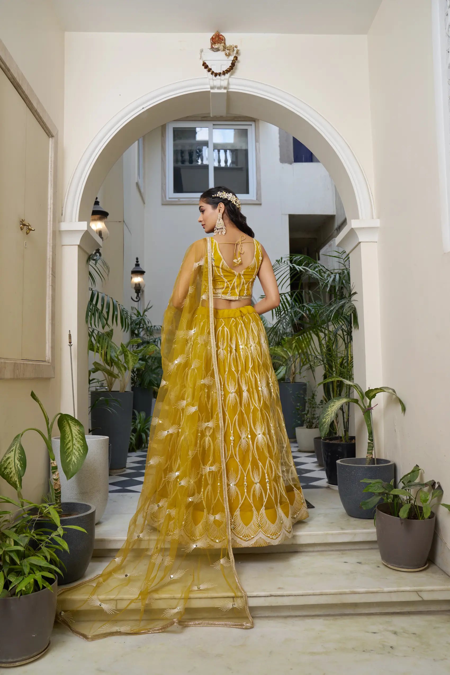 Yellow Thread Sequins Embroidery Net Lehenga Choli
