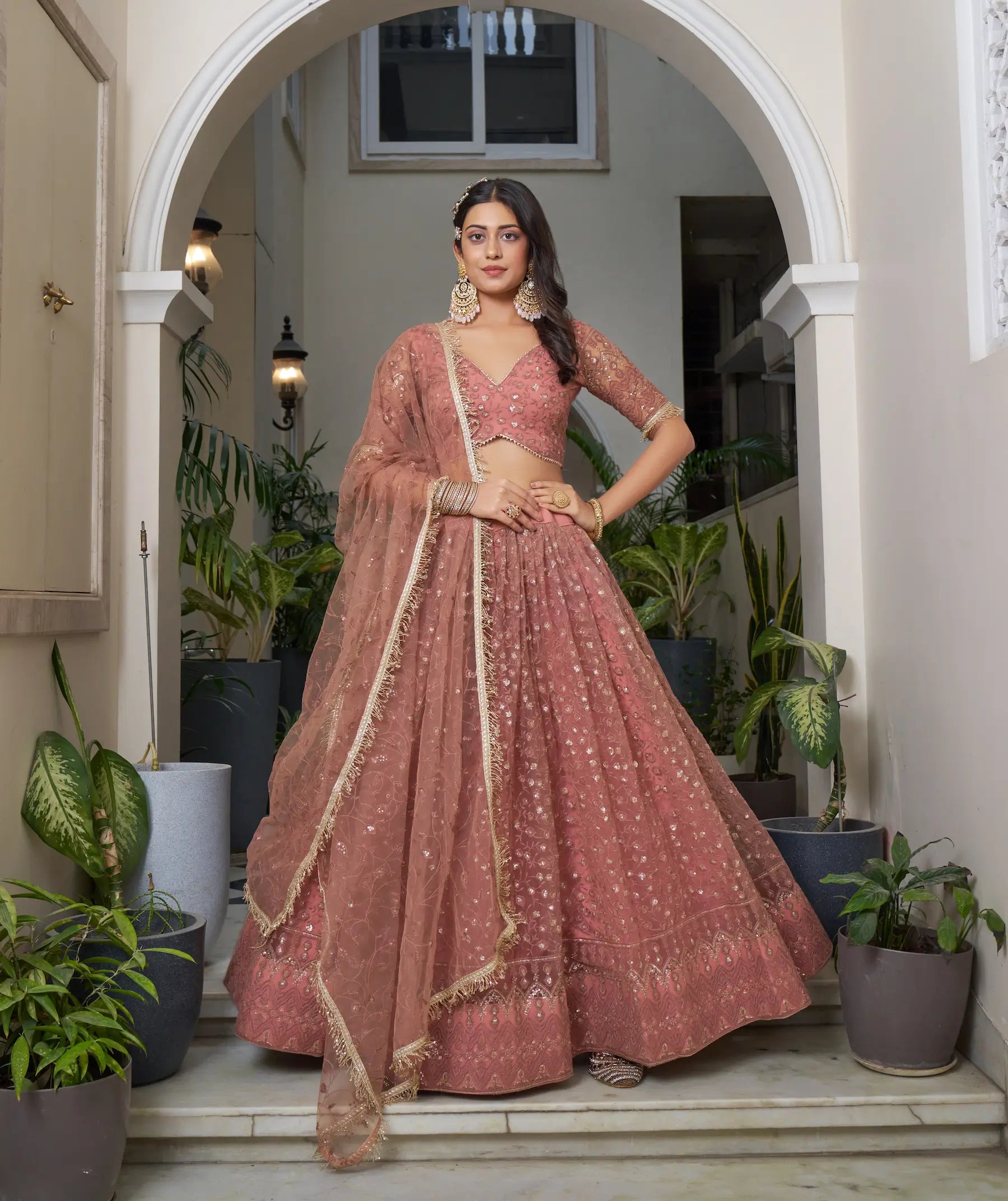 Rust Brown Thread Sequins Embroidery Net Lehenga Choli