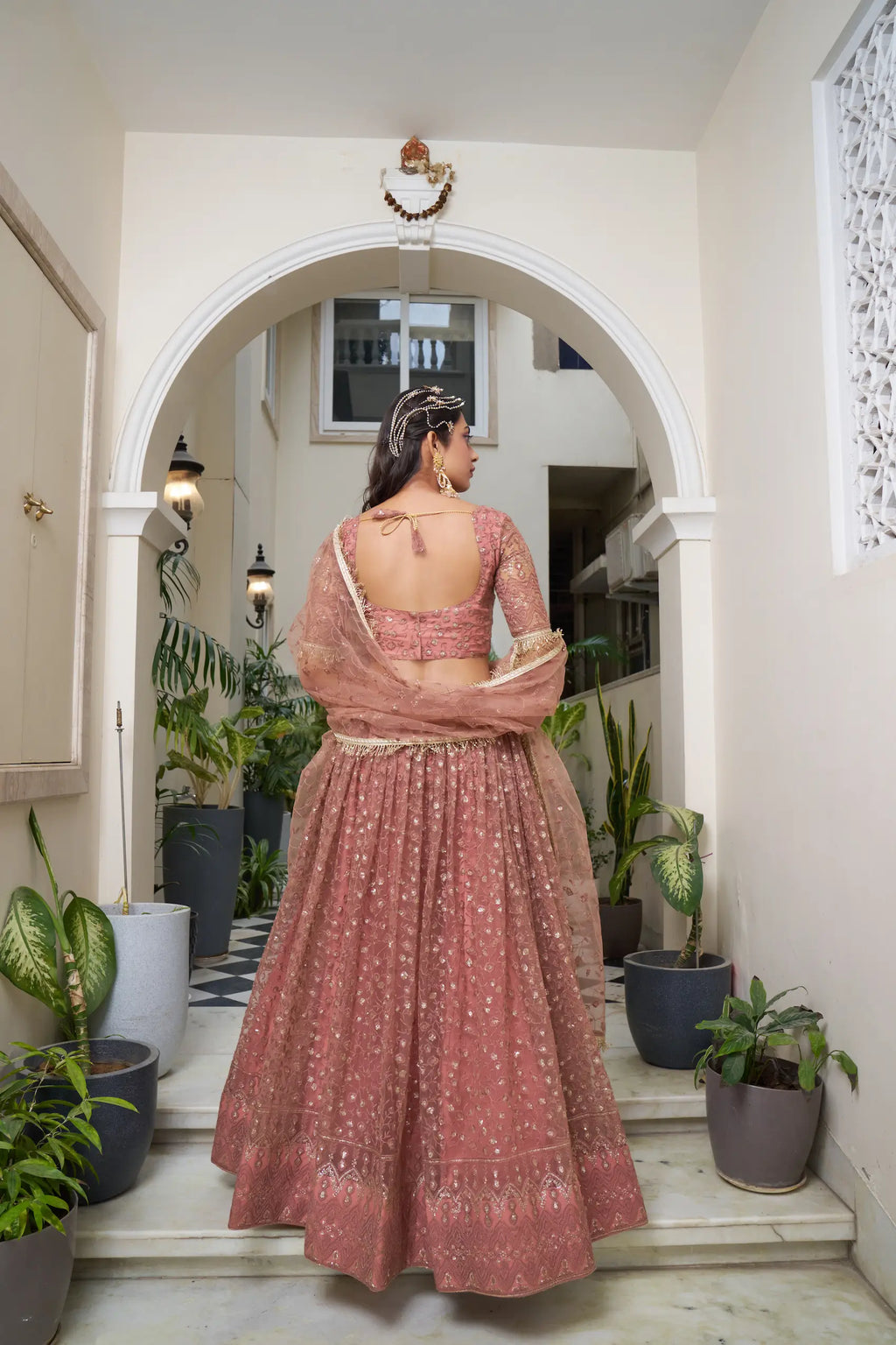 Rust Brown Thread Sequins Embroidery Net Lehenga Choli