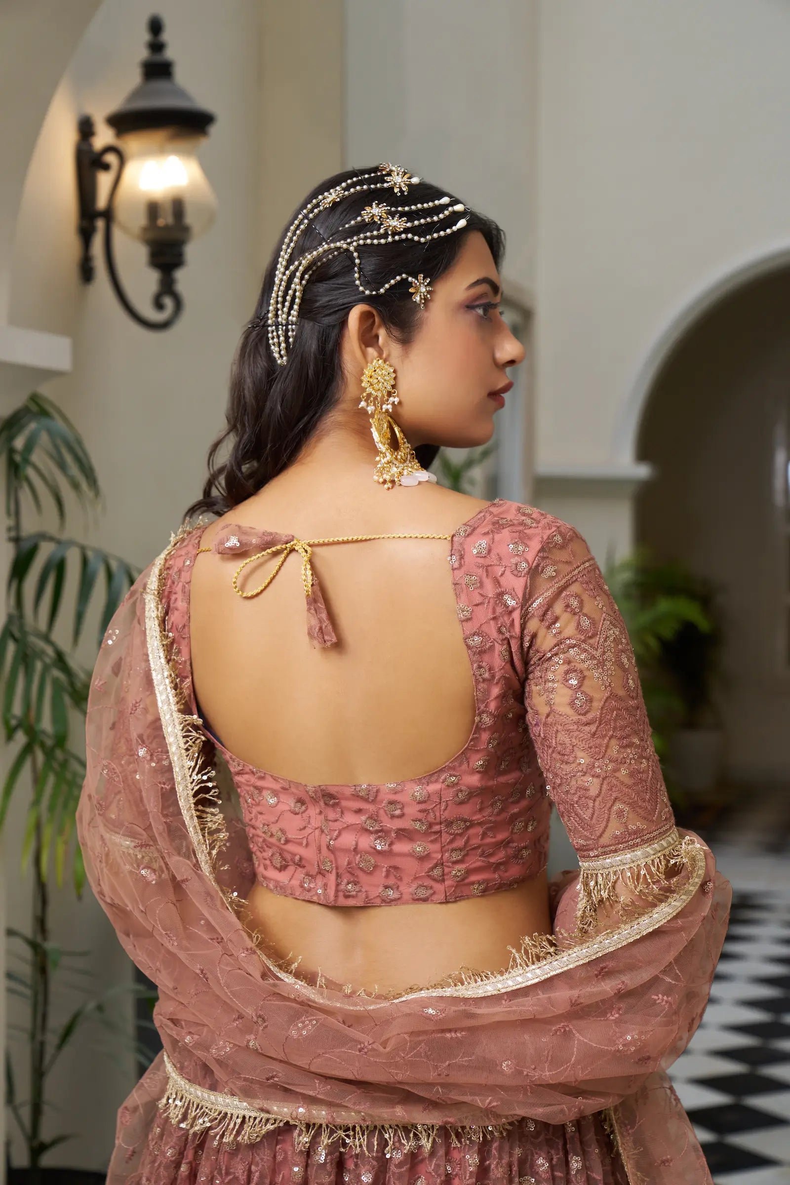 Rust Brown Thread Sequins Embroidery Net Lehenga Choli