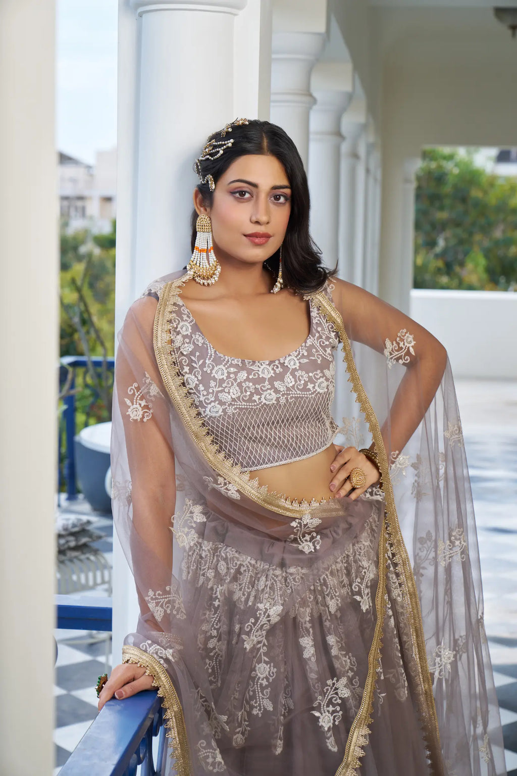 Dusty Rose Thread Sequins Embroidery Net Lehenga Choli