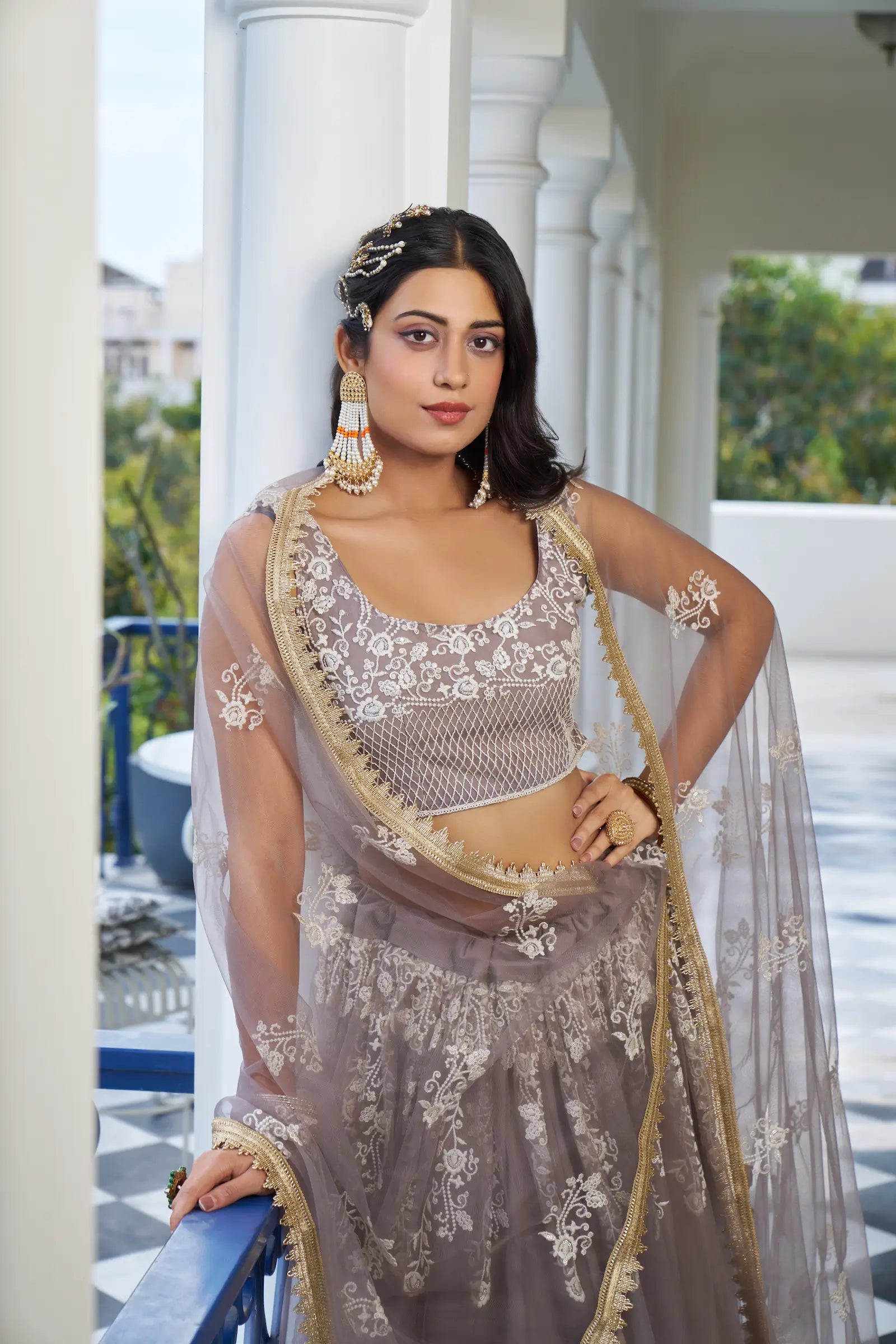 Dusty Rose Thread Sequins Embroidery Net Lehenga Choli