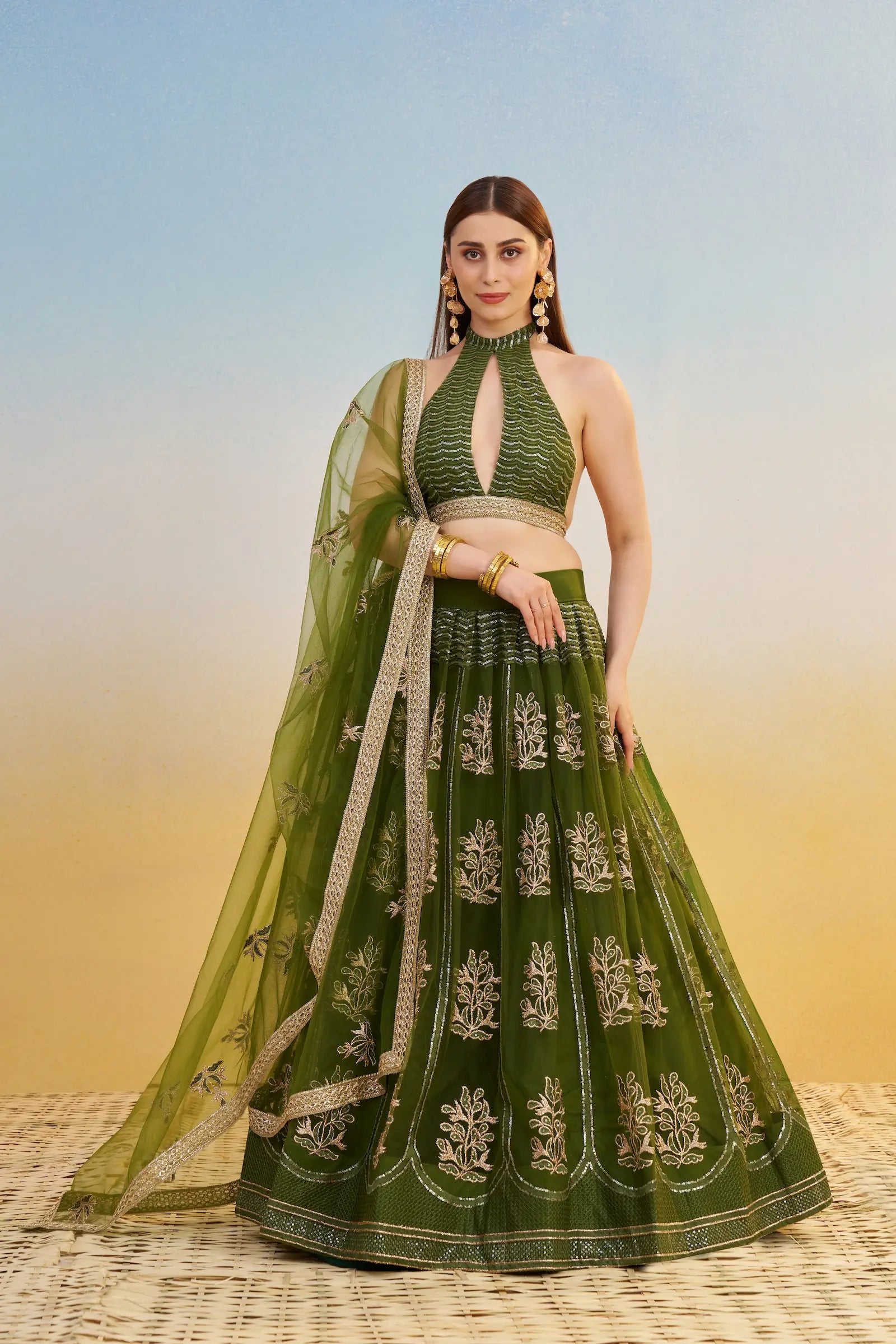Green Thread Sequins Embroidery Net Lehenga Choli