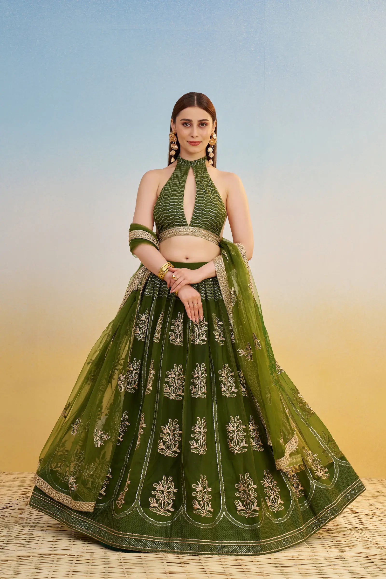 Green Thread Sequins Embroidery Net Lehenga Choli