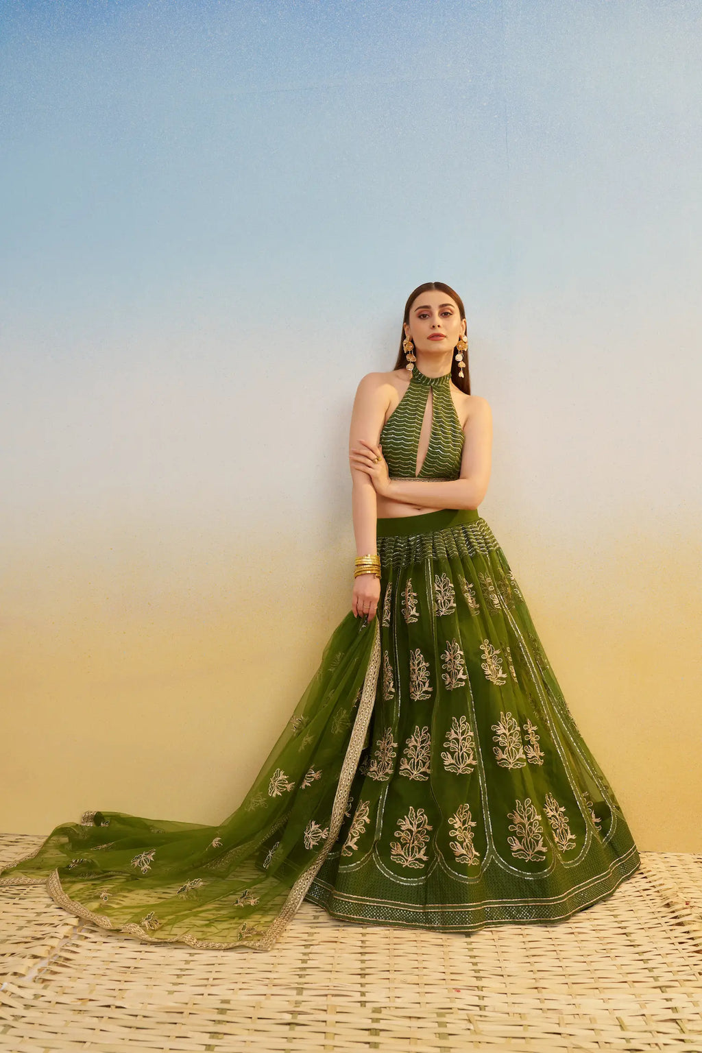 Green Thread Sequins Embroidery Net Lehenga Choli