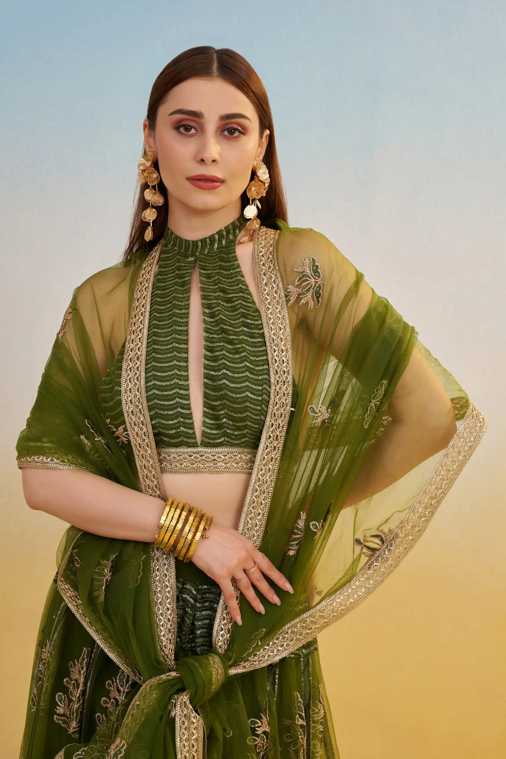 Green Thread Sequins Embroidery Net Lehenga Choli