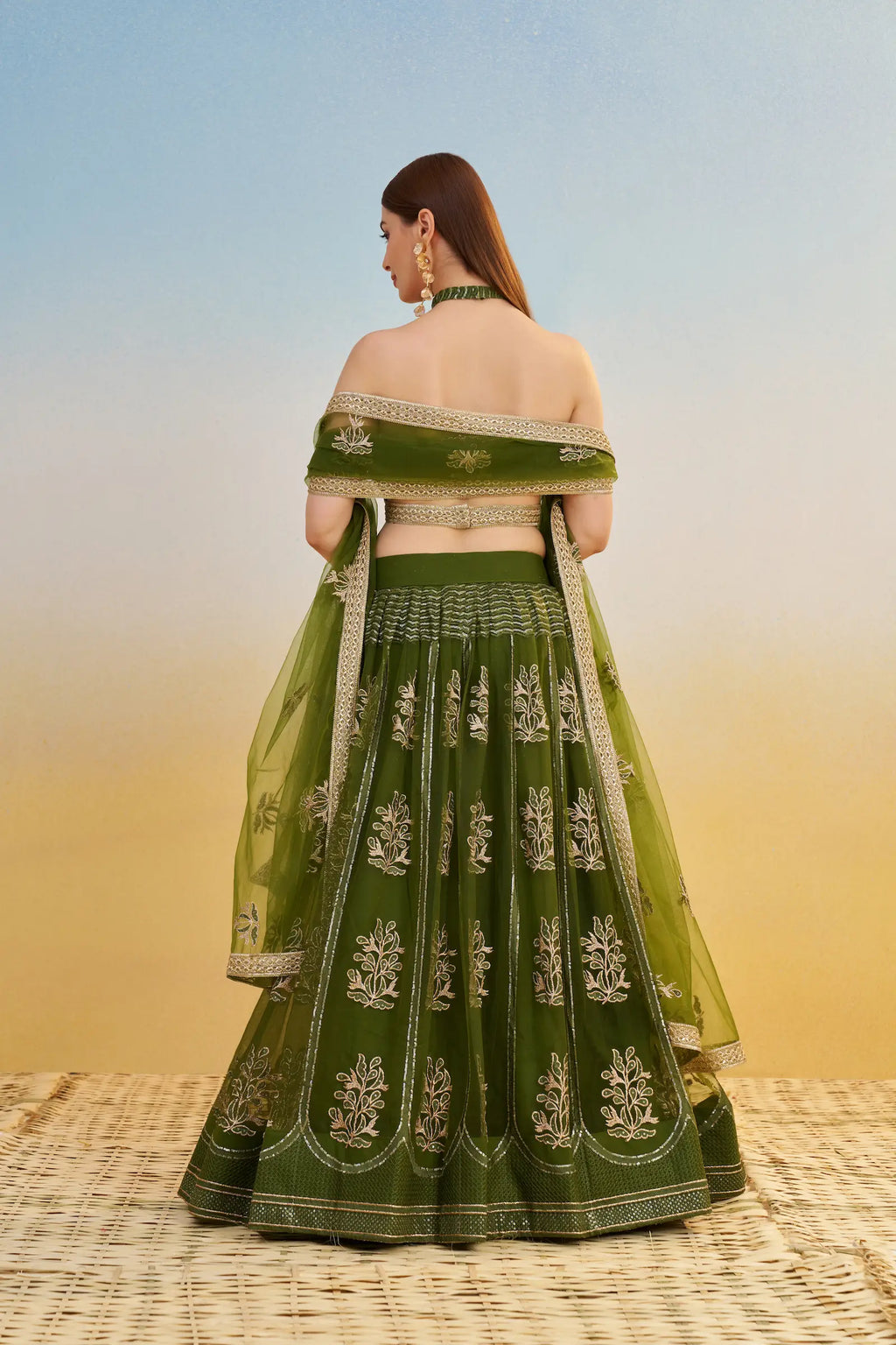 Green Thread Sequins Embroidery Net Lehenga Choli