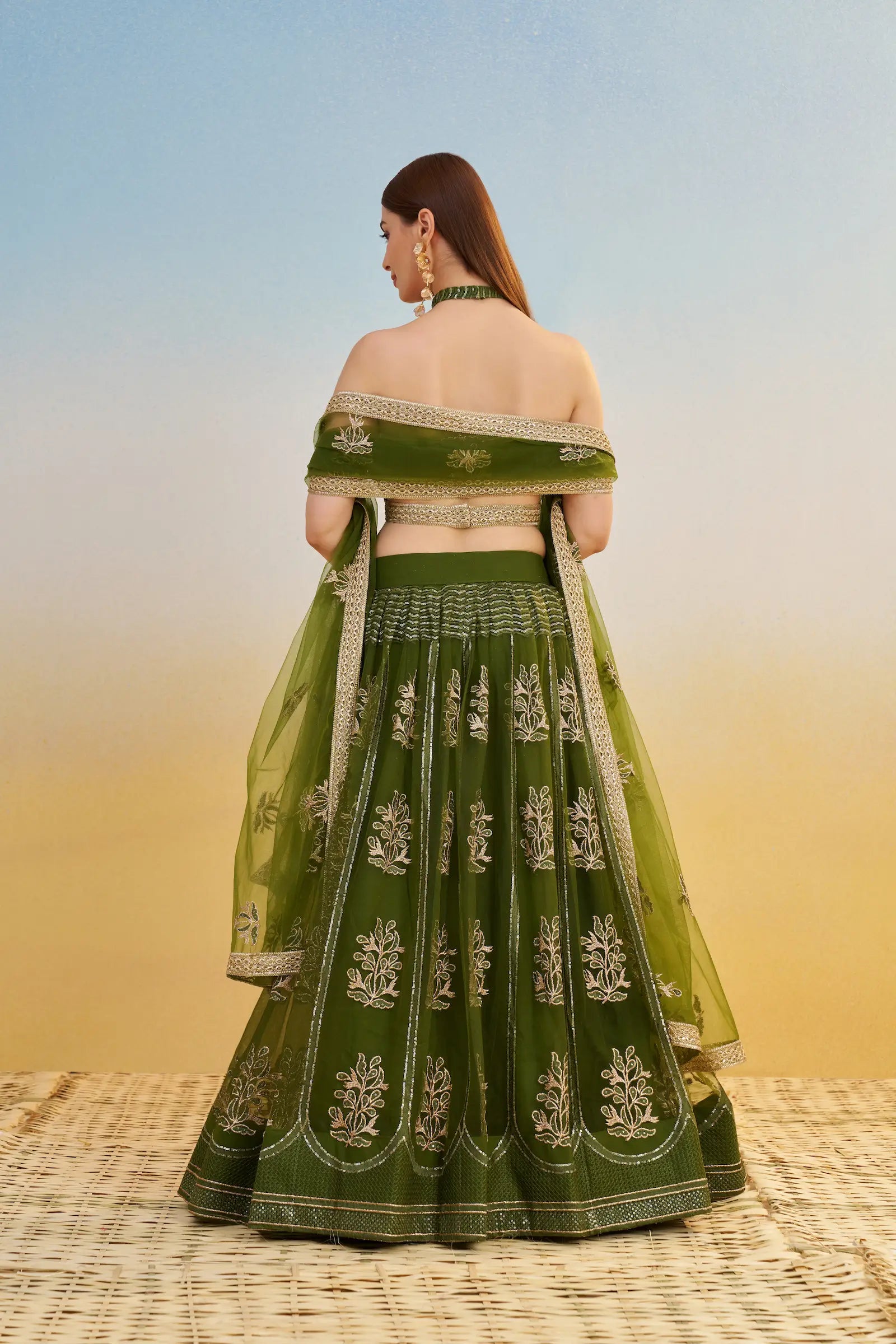 Green Thread Sequins Embroidery Net Lehenga Choli