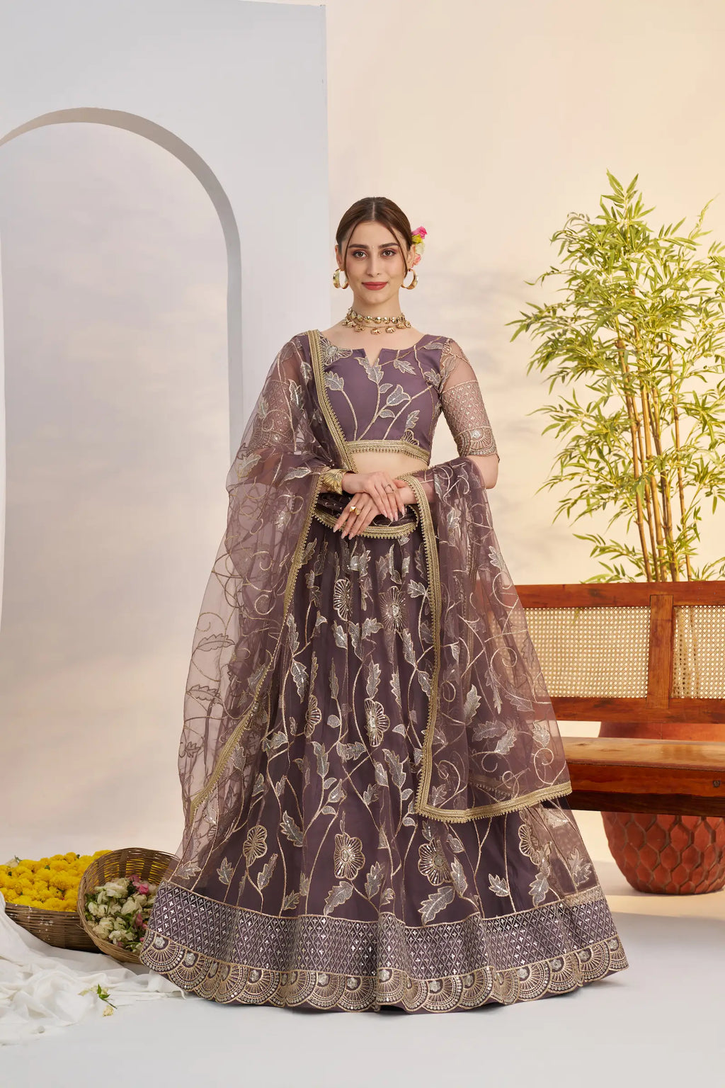 Dark Onion Sequins Embroidery Net Lehenga Choli