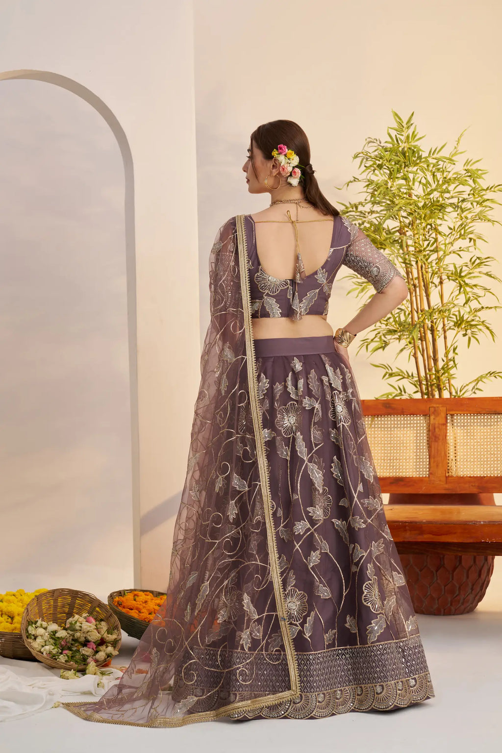Dark Onion Sequins Embroidery Net Lehenga Choli