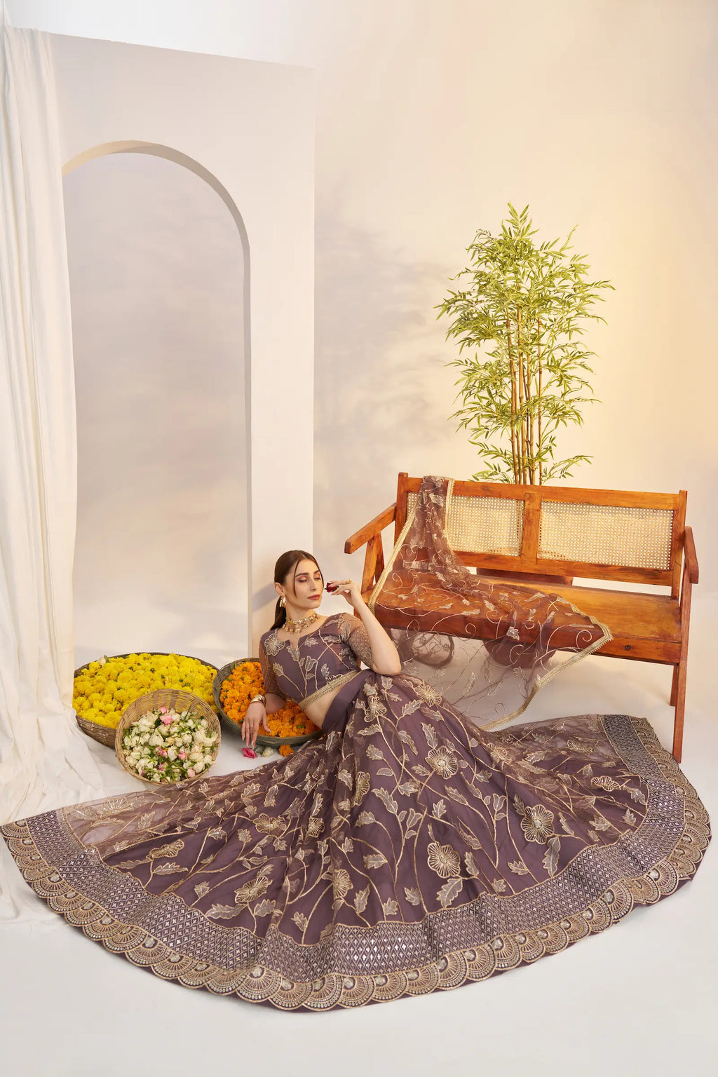 Dark Onion Sequins Embroidery Net Lehenga Choli