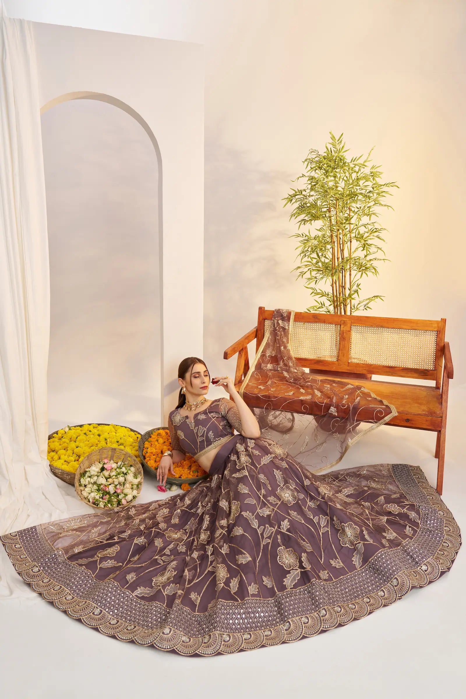 Dark Onion Sequins Embroidery Net Lehenga Choli