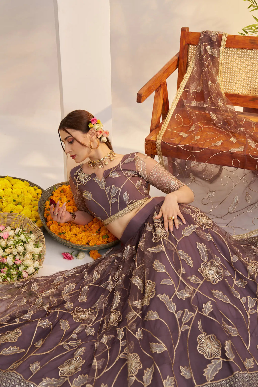 Dark Onion Sequins Embroidery Net Lehenga Choli