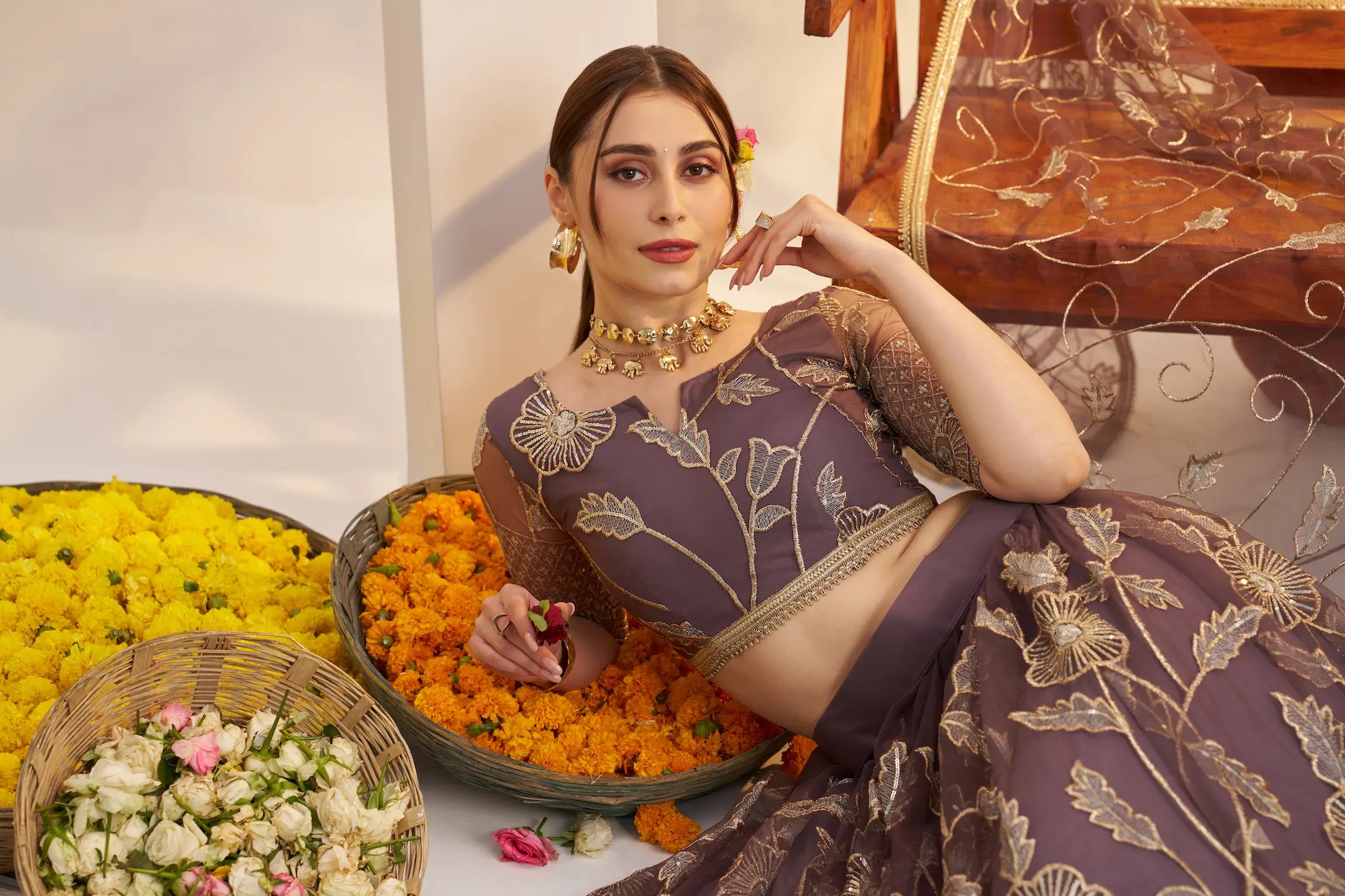 Dark Onion Sequins Embroidery Net Lehenga Choli