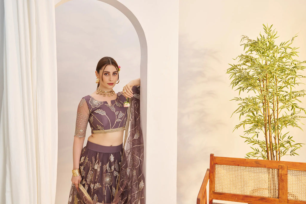 Dark Onion Sequins Embroidery Net Lehenga Choli