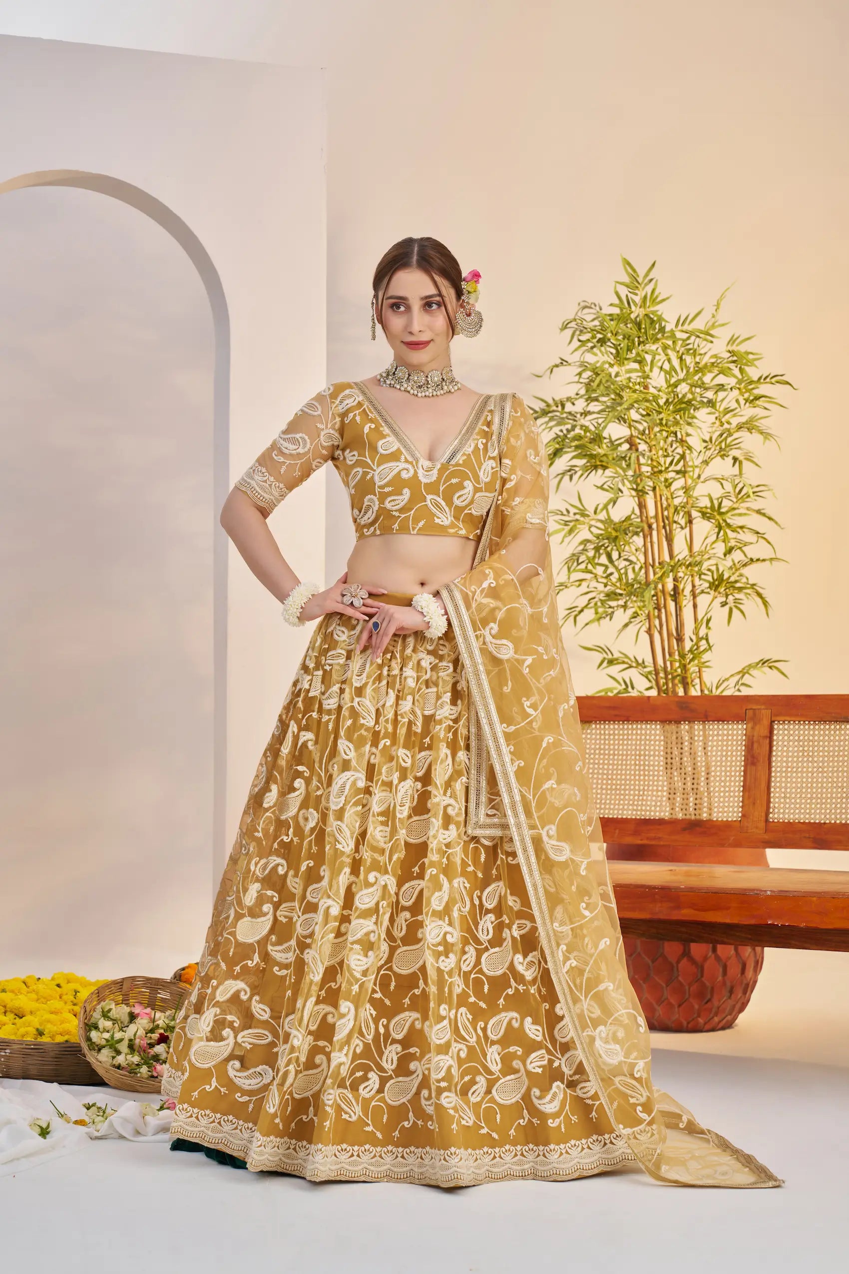 Yellow Sequins Embroidery Net Lehenga Choli