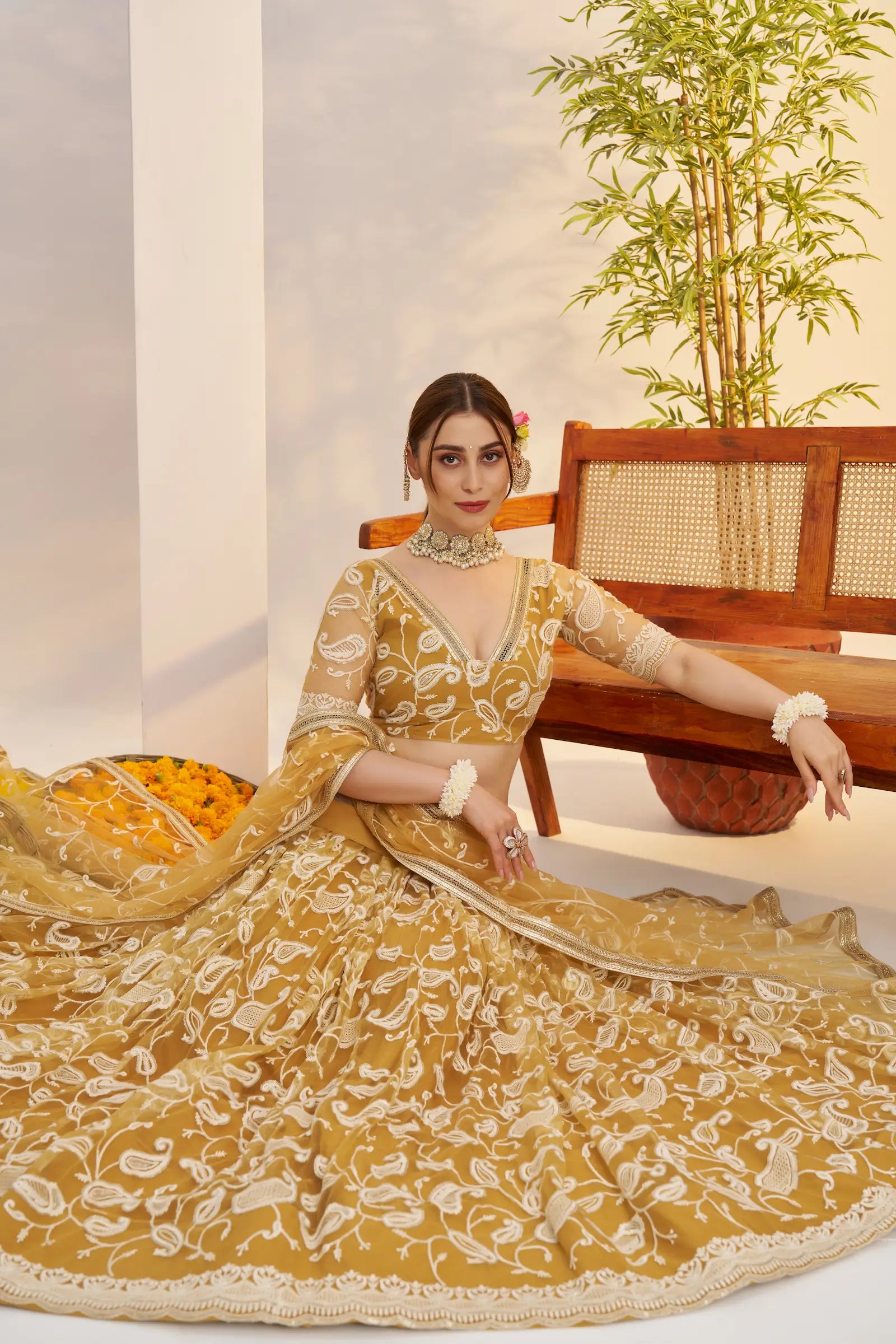 Yellow Sequins Embroidery Net Lehenga Choli