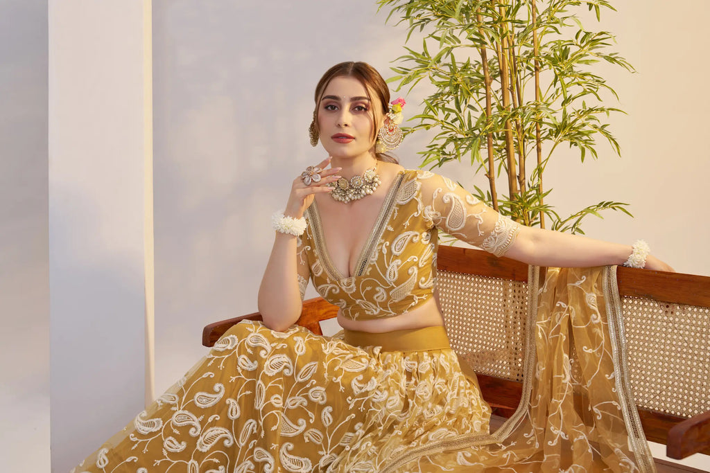 Yellow Sequins Embroidery Net Lehenga Choli