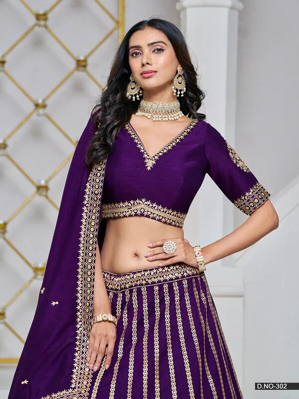Dark Purple Art Silk Lehenga Choli with Thread & Sequins Work