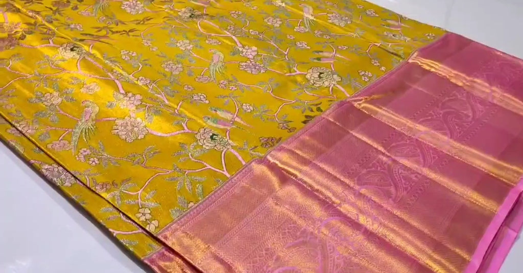Mustard Kanchipuram Handloom 4D Tissue Brocade Silk Saree