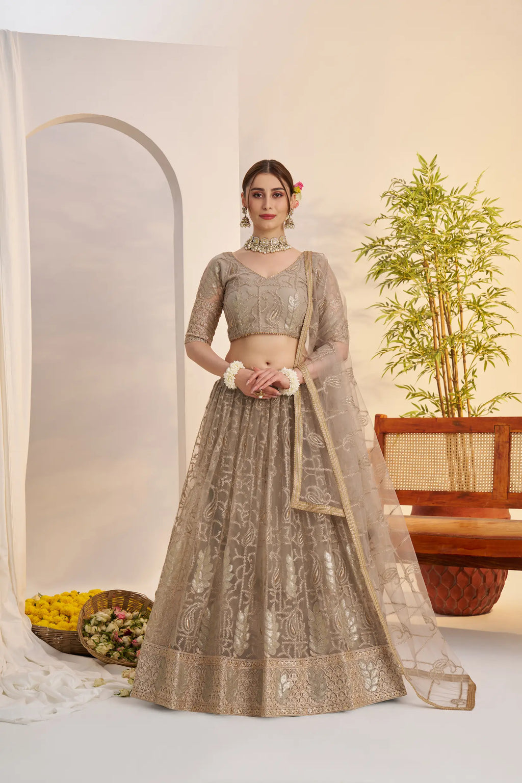Pastel Brown Sequins Embroidery Net Lehenga Choli