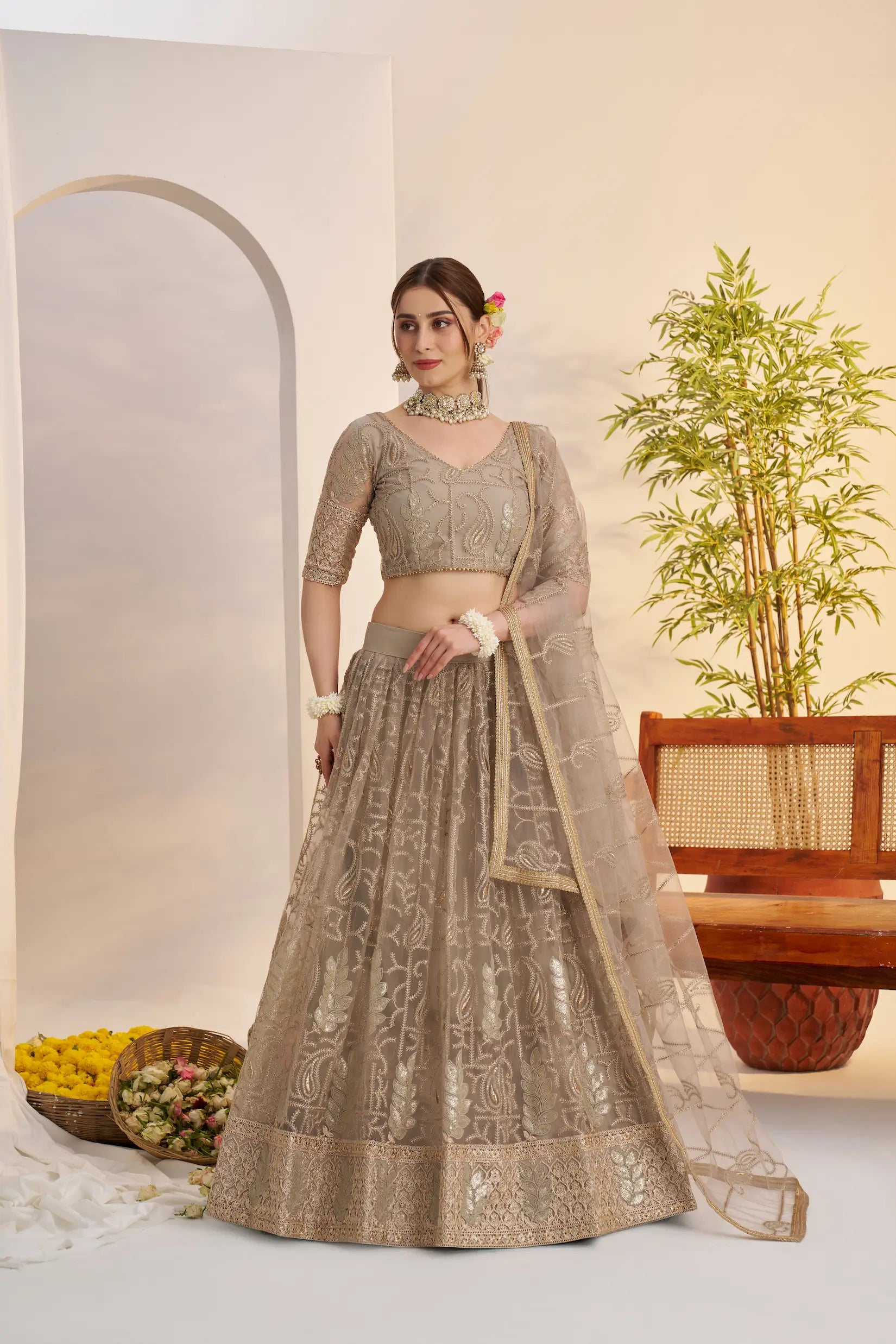 Pastel Brown Sequins Embroidery Net Lehenga Choli