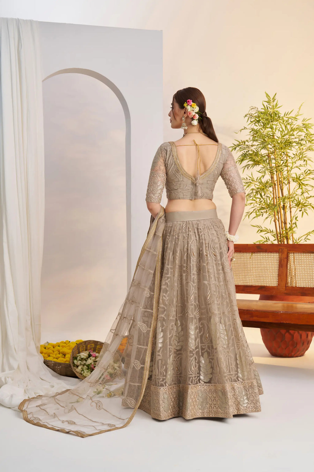 Pastel Brown Sequins Embroidery Net Lehenga Choli