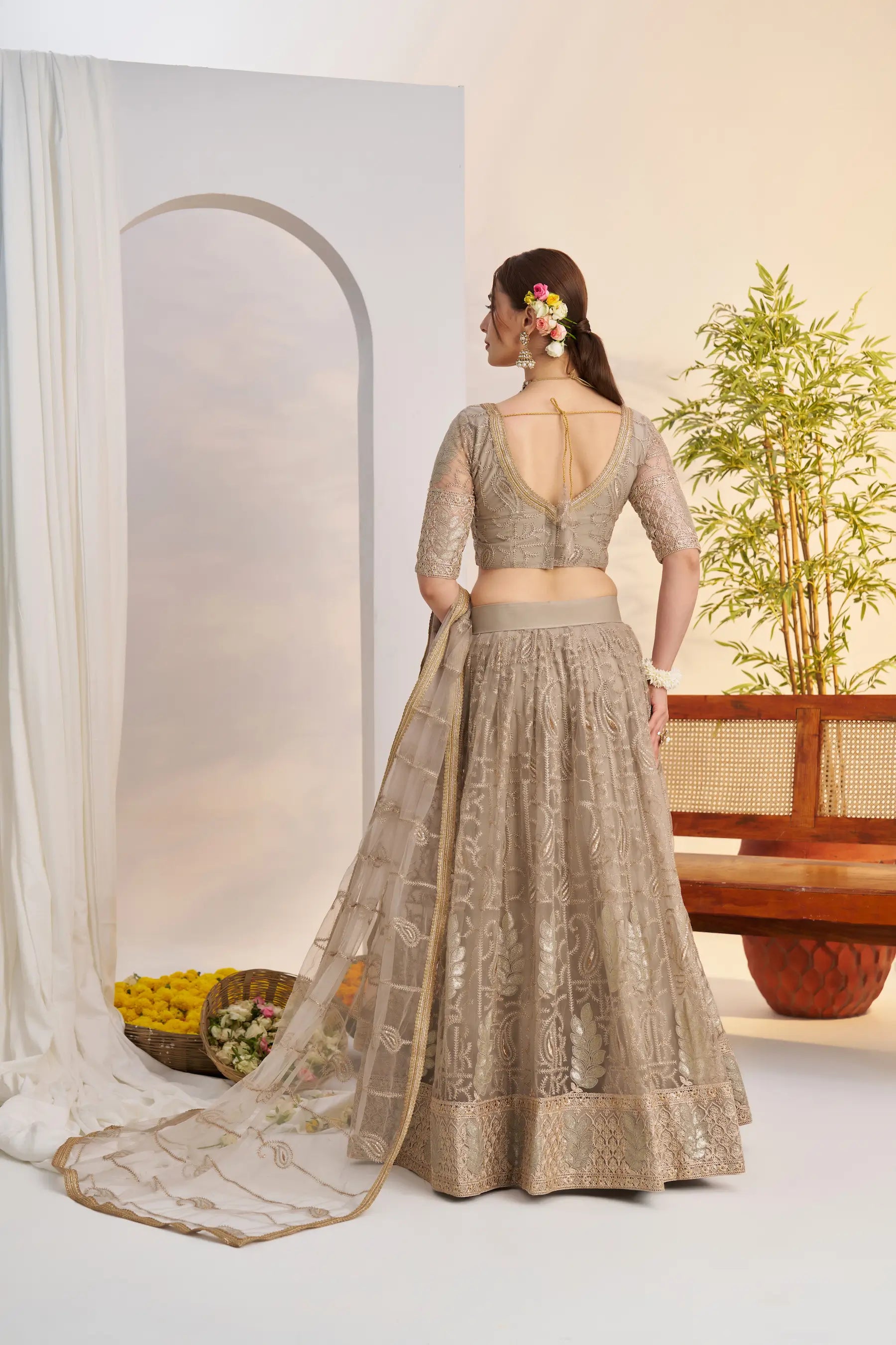 Pastel Brown Sequins Embroidery Net Lehenga Choli