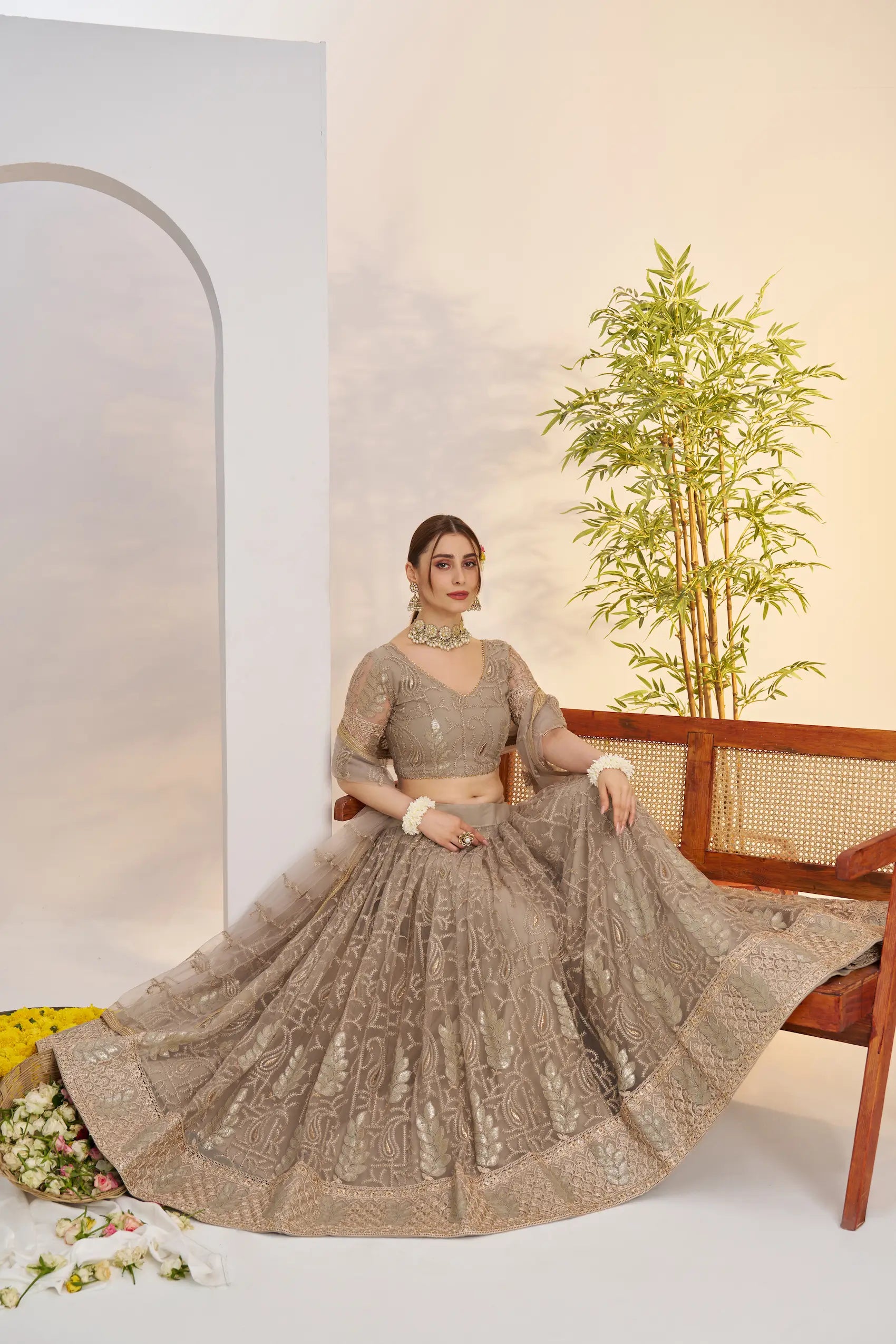 Pastel Brown Sequins Embroidery Net Lehenga Choli