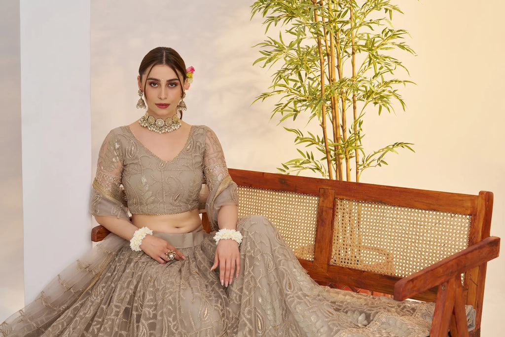 Pastel Brown Sequins Embroidery Net Lehenga Choli