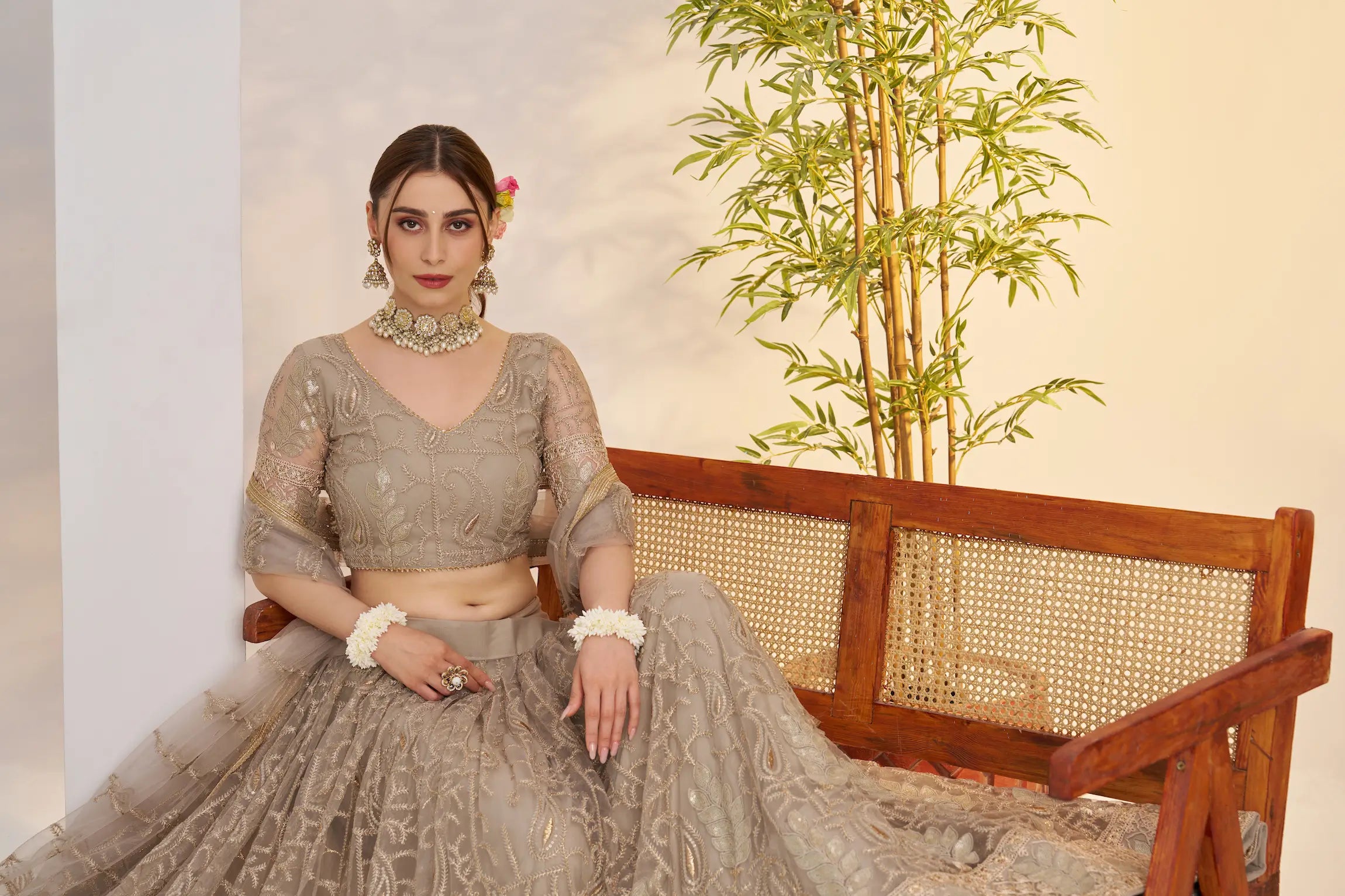 Pastel Brown Sequins Embroidery Net Lehenga Choli