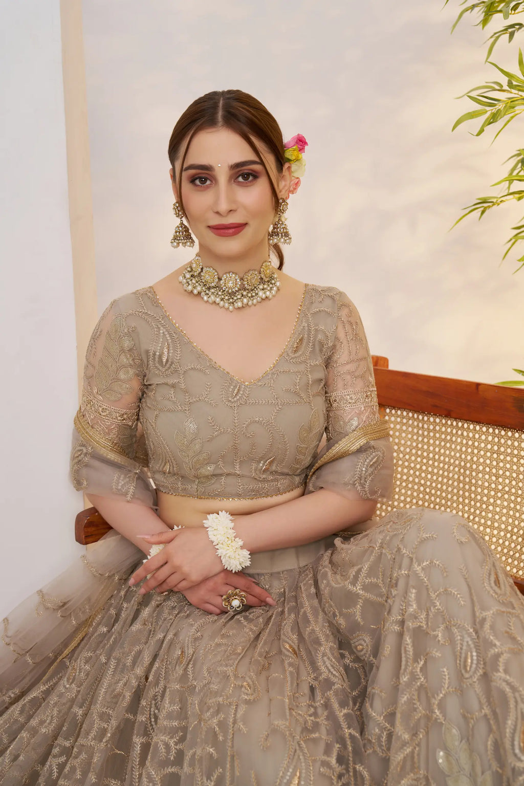 Pastel Brown Sequins Embroidery Net Lehenga Choli